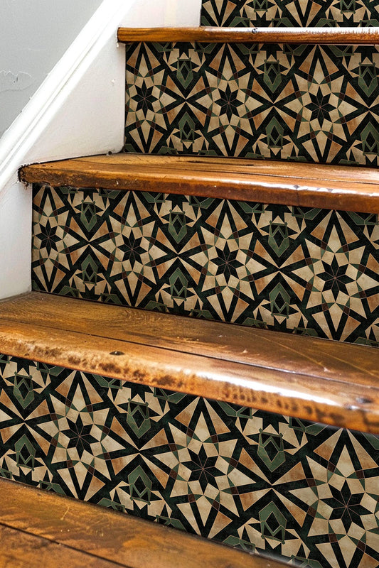 Rustic Green & Gold Moroccan Tile Pattern : Stair Riser Sticker Decals