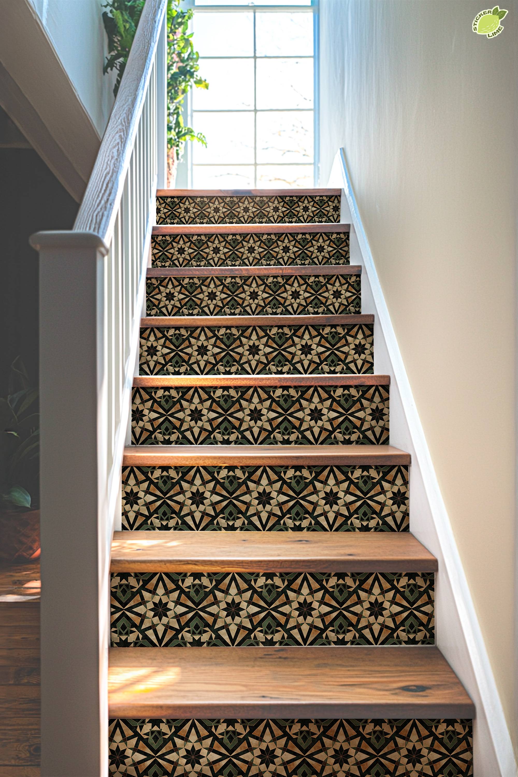 Rustic Green & Gold Moroccan Tile Pattern : Stair Riser Sticker Decals