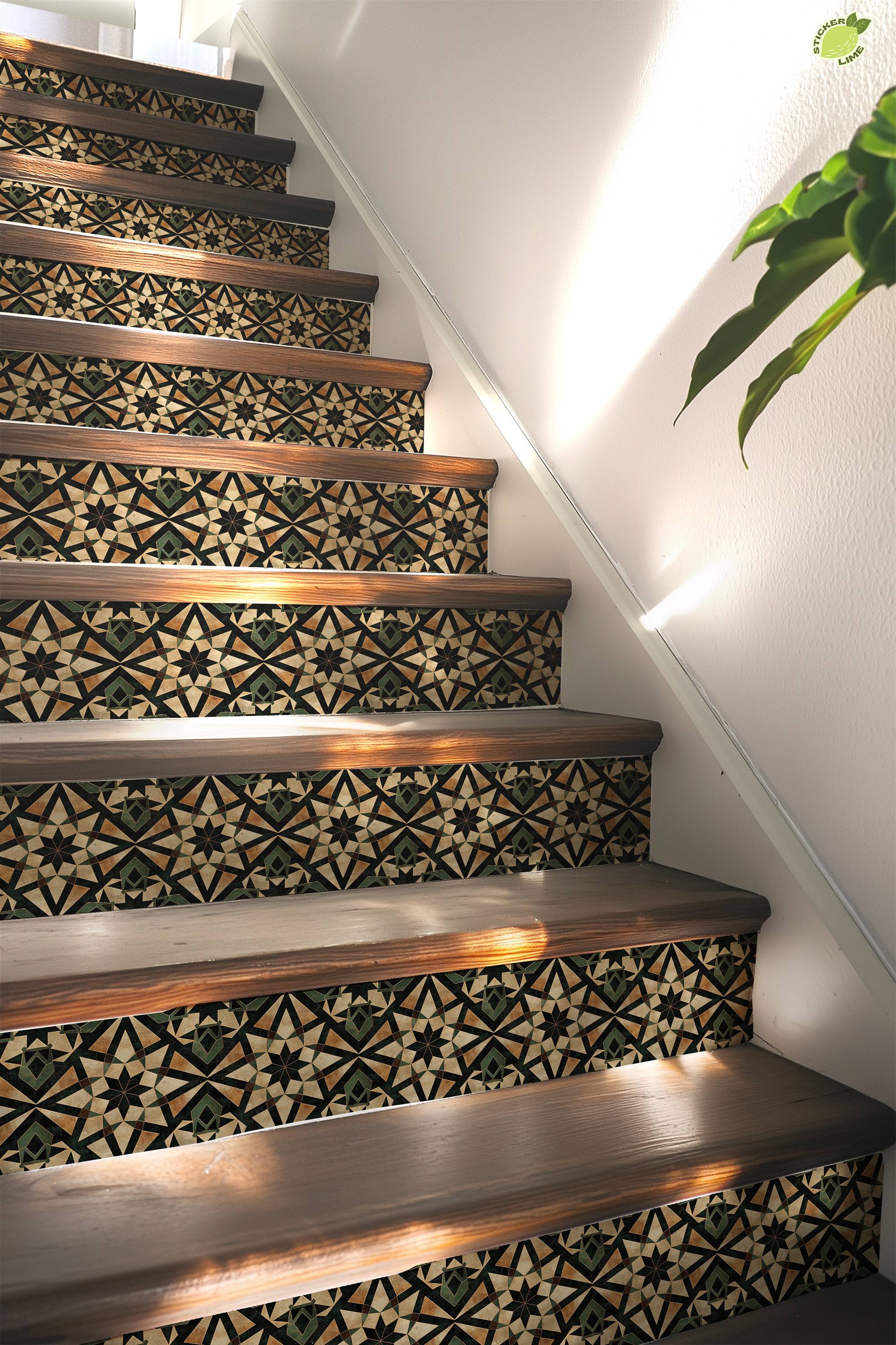 Rustic Green & Gold Moroccan Tile Pattern : Stair Riser Sticker Decals