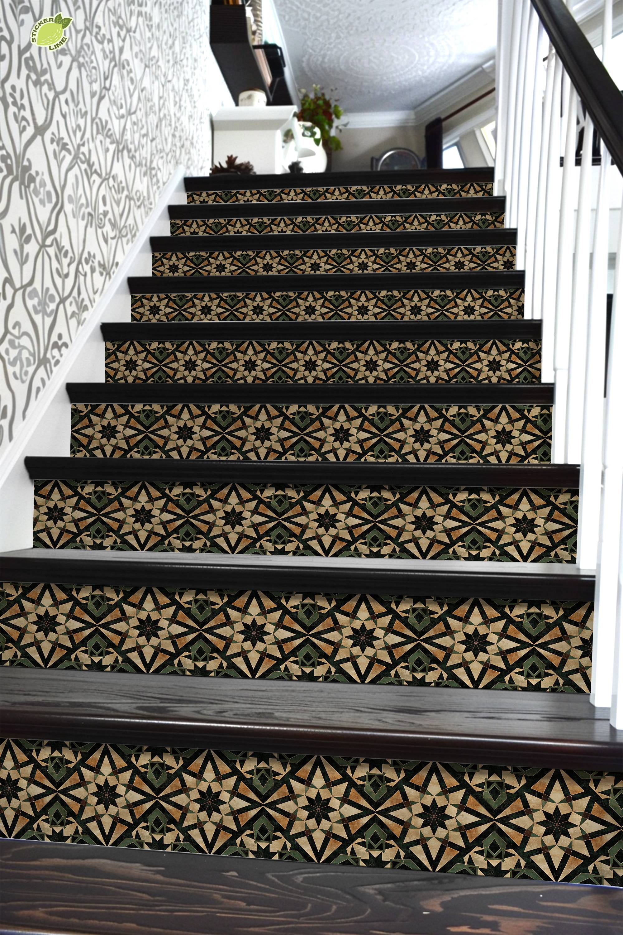 Rustic Green & Gold Moroccan Tile Pattern : Stair Riser Sticker Decals