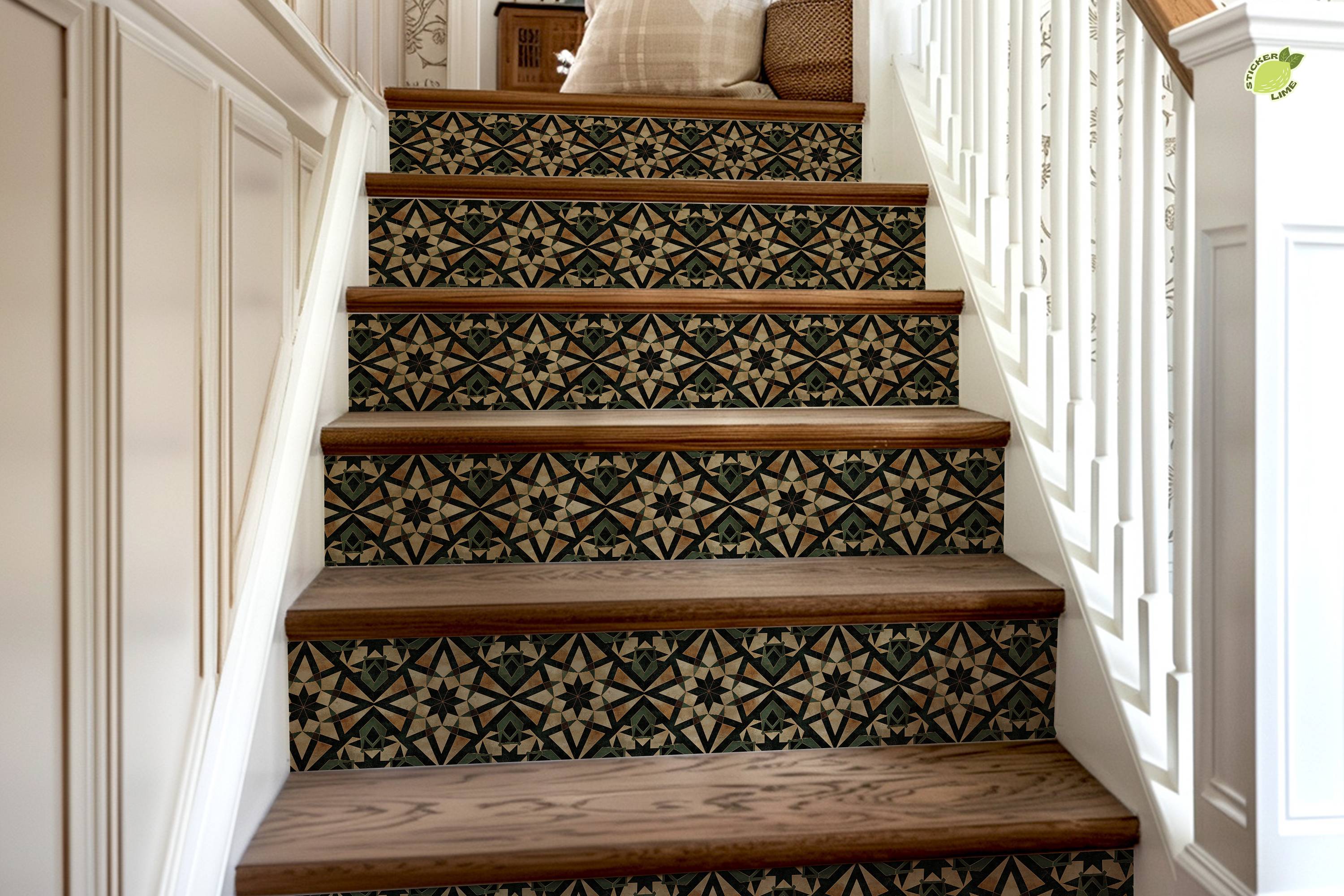 Rustic Green & Gold Moroccan Tile Pattern : Stair Riser Sticker Decals