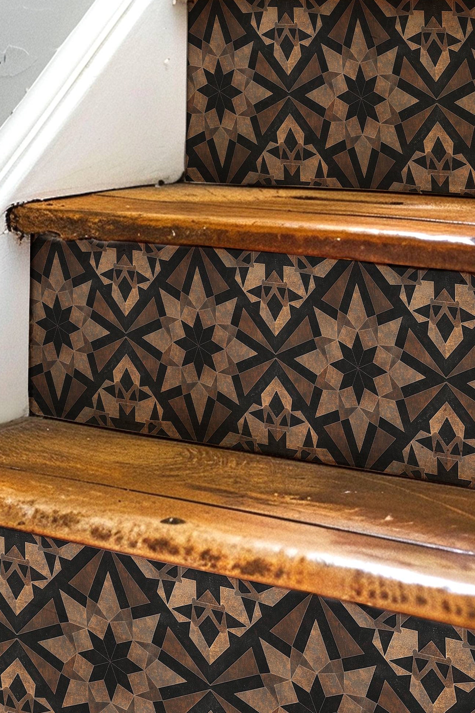 Rustic Brown & Black Moroccan Tile Pattern : Stair Riser Sticker Decals