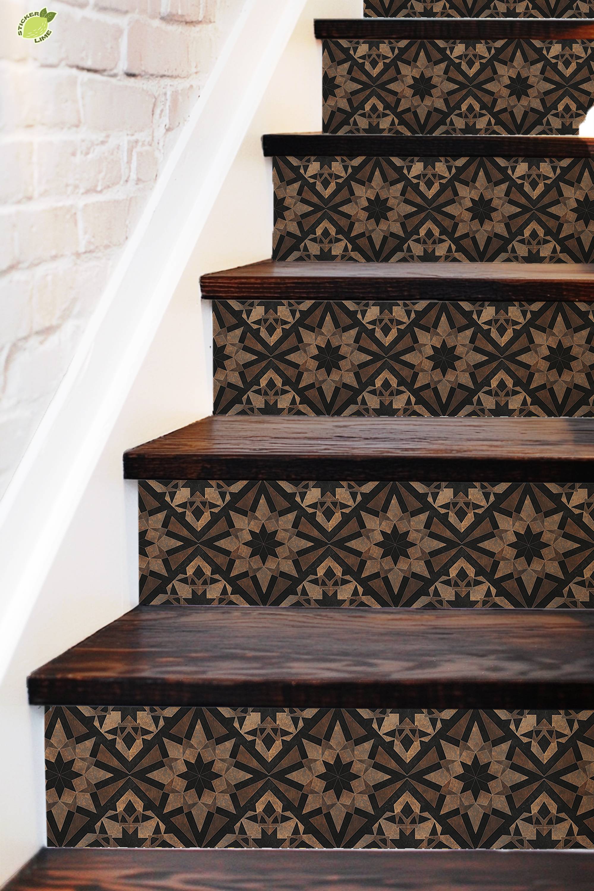 Rustic Brown & Black Moroccan Tile Pattern : Stair Riser Sticker Decals
