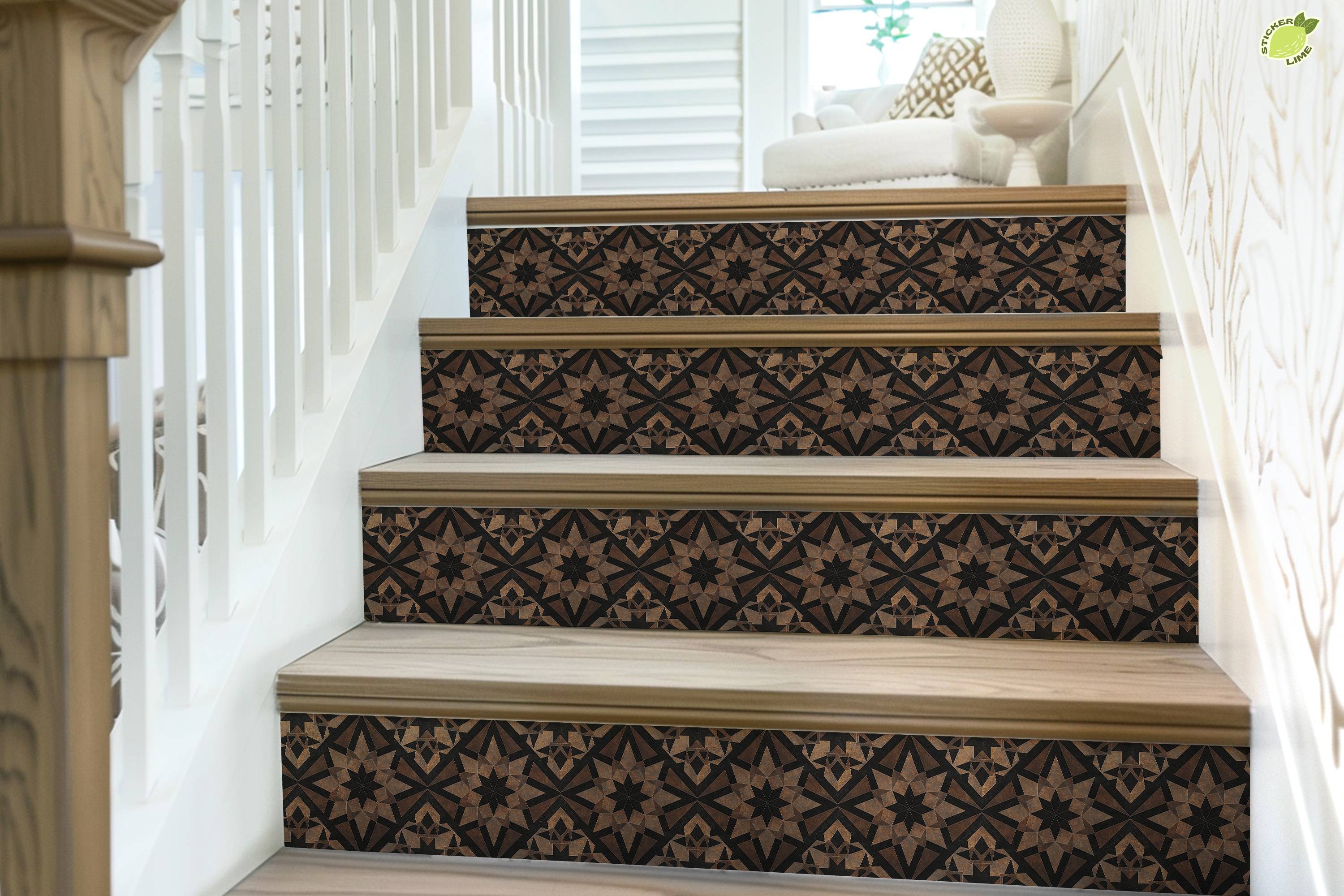 Rustic Brown & Black Moroccan Tile Pattern : Stair Riser Sticker Decals
